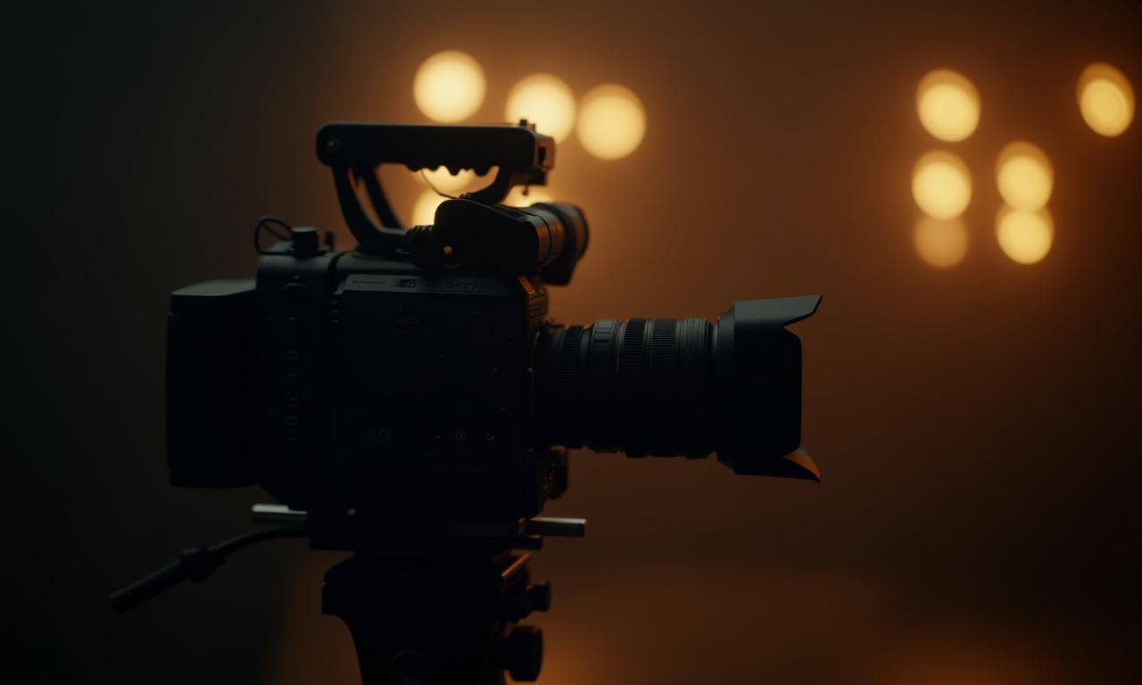 Cámara de cine profesional con luces de estudio