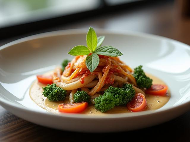 Fotografía de un plato gourmet con presentación artística y enfoque nítido.