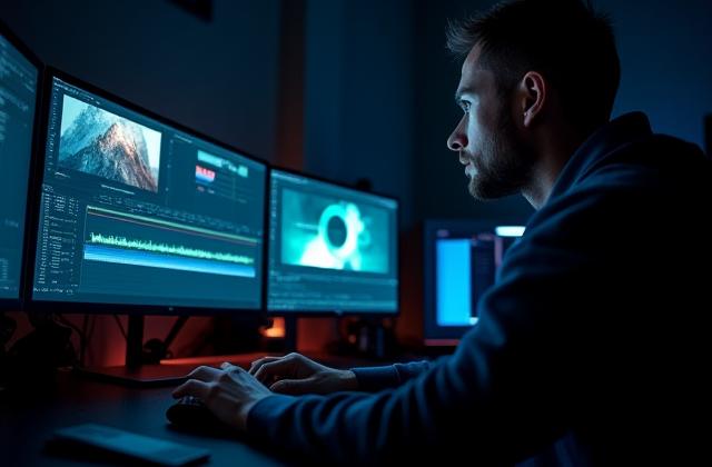 Editor de video trabajando en una estación de edición con múltiples monitores, mostrando software de colorización y efectos.